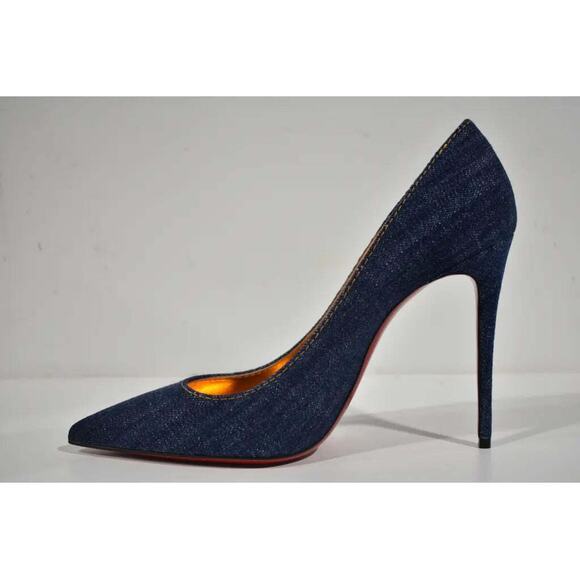 Christian Louboutin Kate 100 Blue Denim Saba Gold Stiletto Pointed Heel Pump 40 - Picture 8 of 12